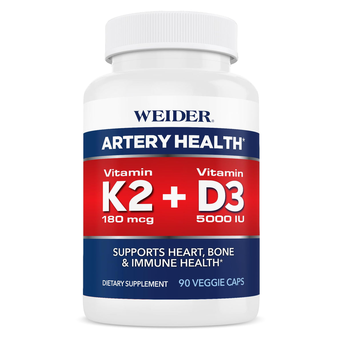 Flacon de 90 capsules végétales Weider contenant 180 mcg de vitamine K2 et 5000 UI de vitamine D3