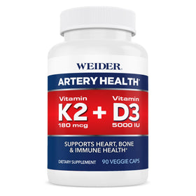 Flacon de 90 capsules végétales Weider contenant 180 mcg de vitamine K2 et 5000 UI de vitamine D3