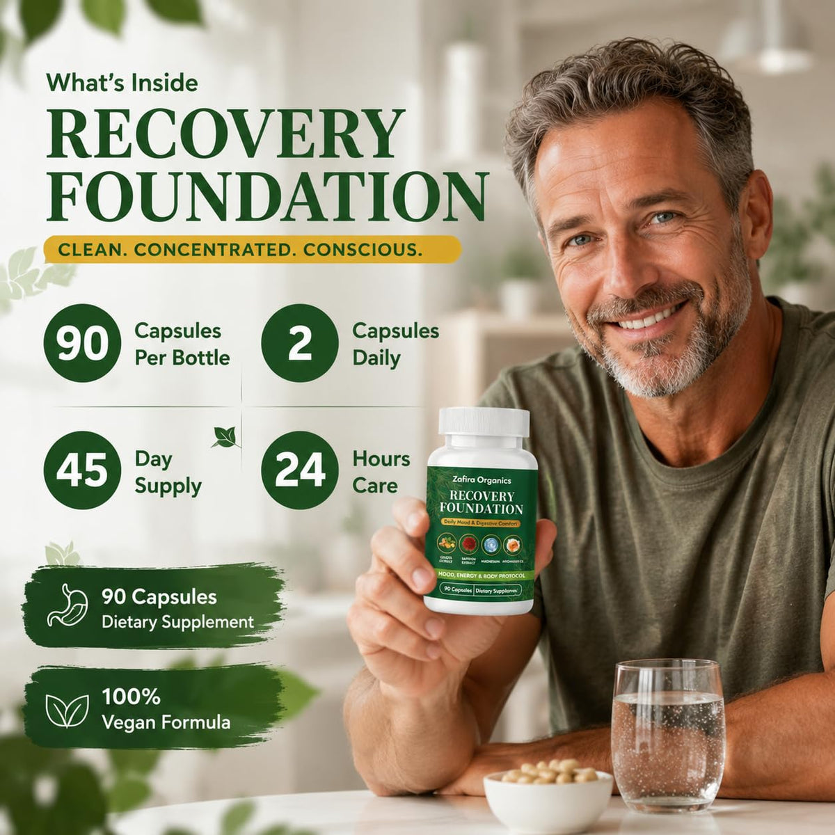 Flacon de 90 capsules Zafira Organics sur fond neutre