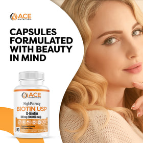 Flacon de ACE NUTRITION Biotine avec capsules à l'intérieur