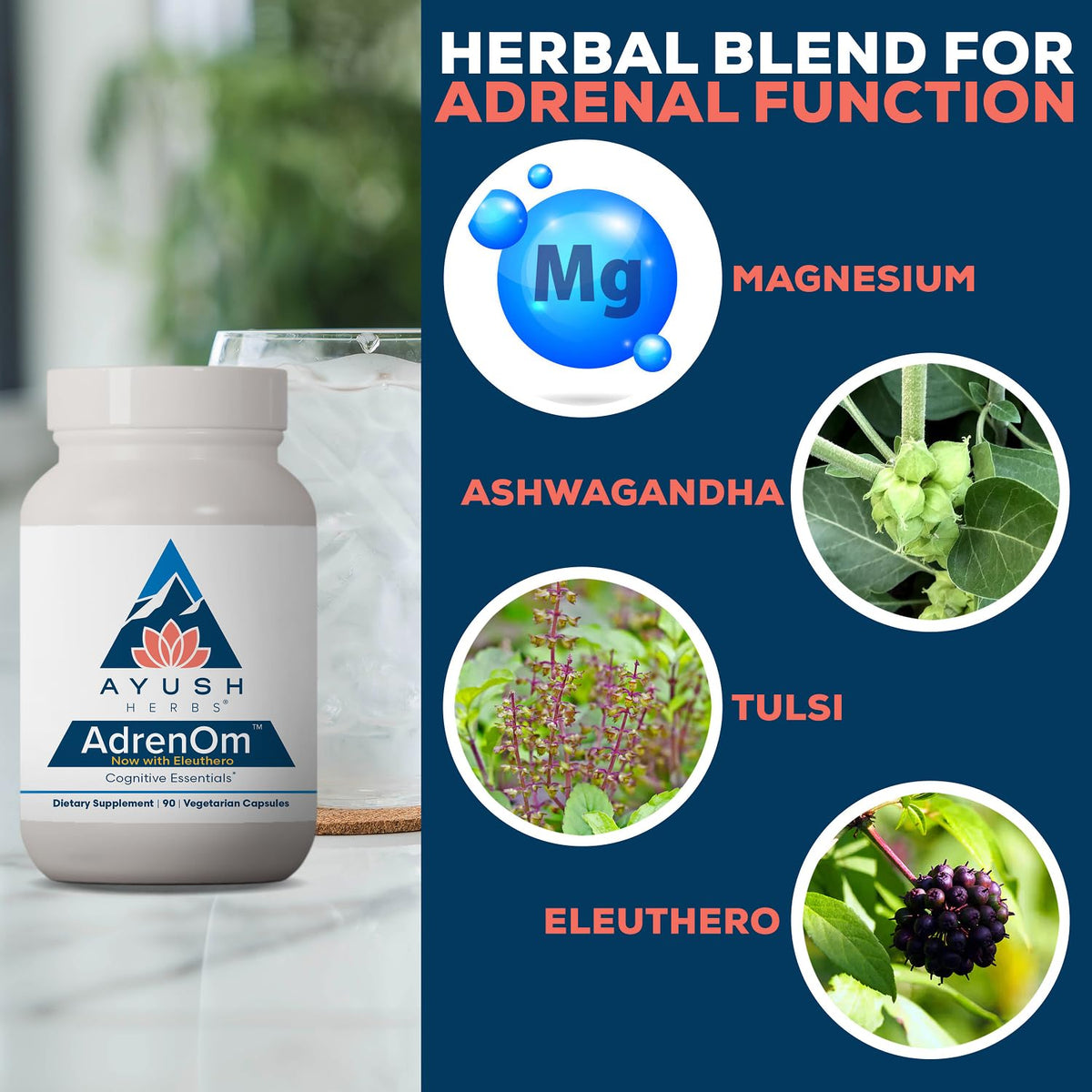 Flacon de Ayush Herbs AdrenOm avec des herbes ayurvédiques en arrière-plan