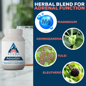 Flacon de Ayush Herbs AdrenOm avec des herbes ayurvédiques en arrière-plan