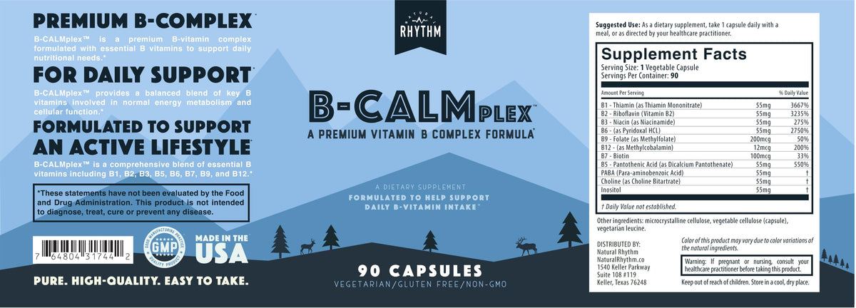 Flacon de B-CALMplex ouvert montrant les capsules à l'intérieur