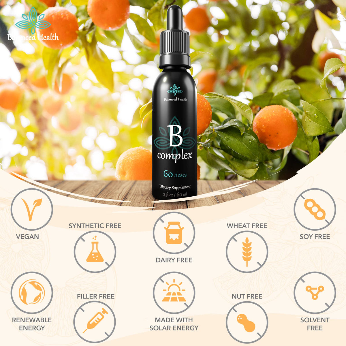 Flacon de B-Complex Balanced Health avec bouchon ouvert