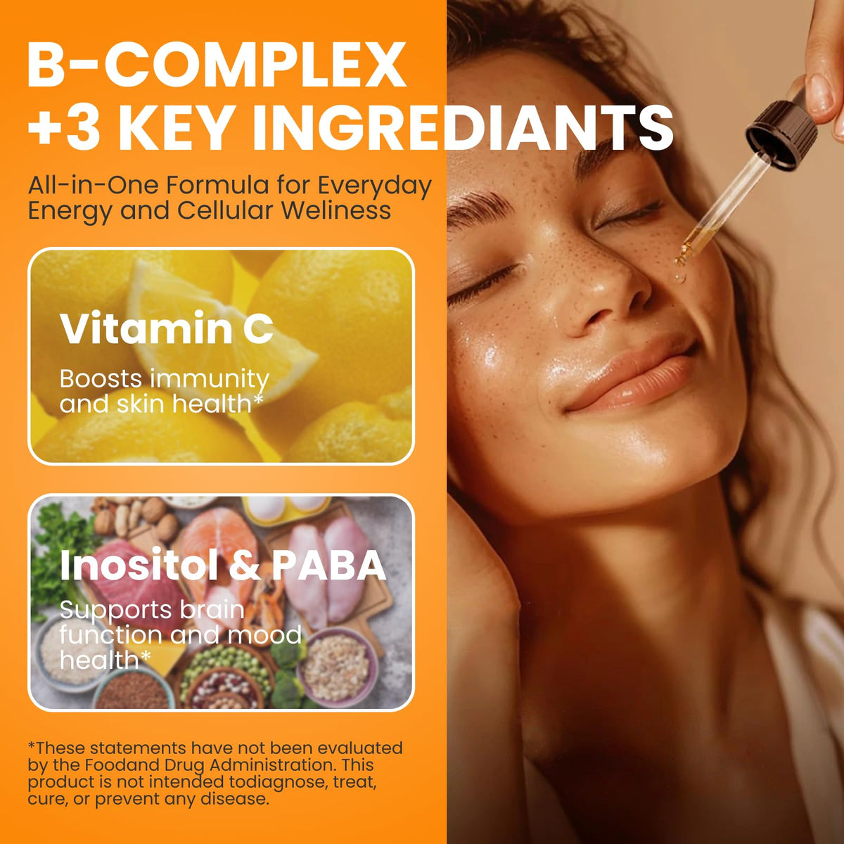 Flacon de B Complex liquide Aube'Azur à côté d'un jus de fruits