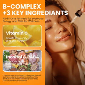 Flacon de B Complex liquide Aube'Azur à côté d'un jus de fruits