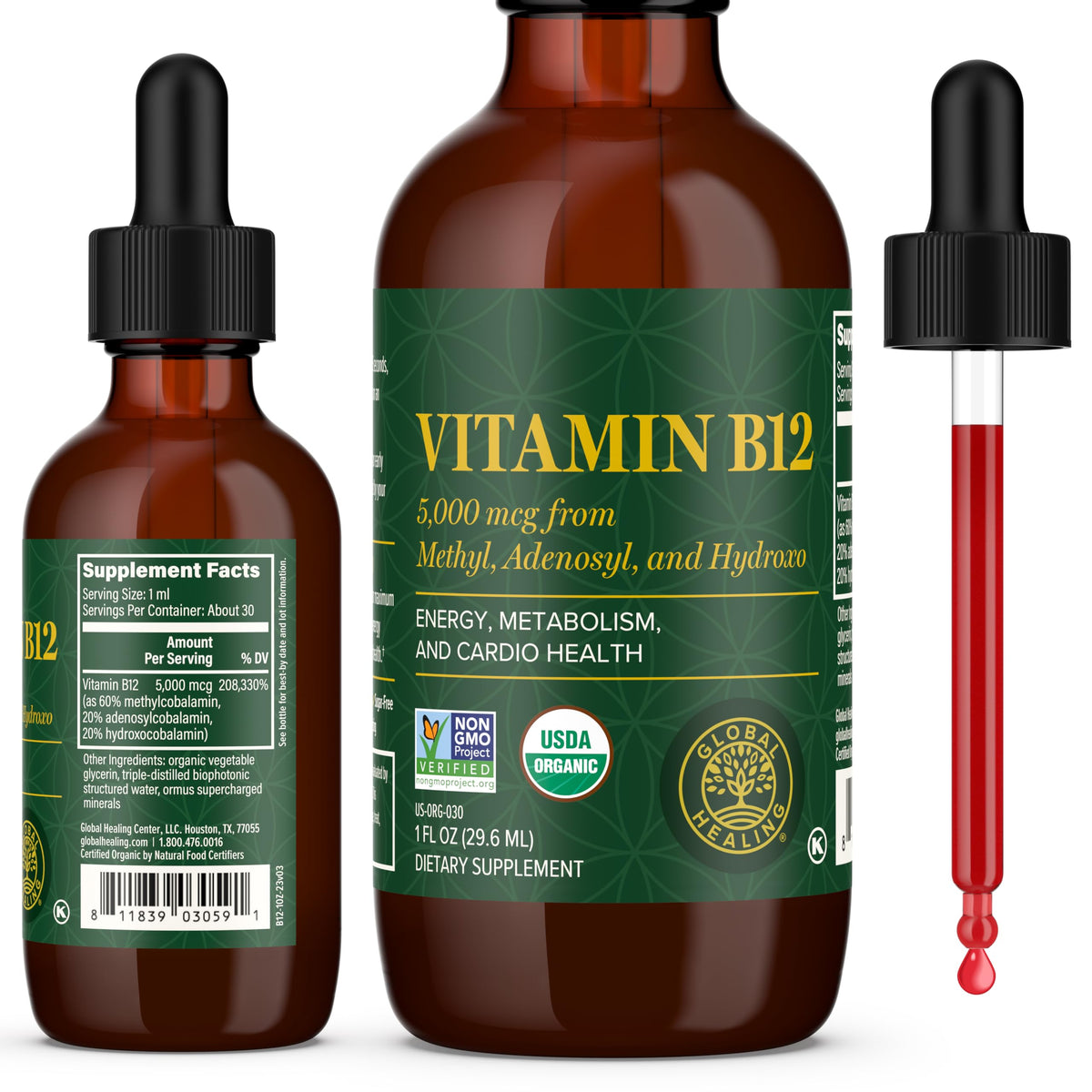 Flacon de B12 liquide 5000mcg Global Healing Center vue avant