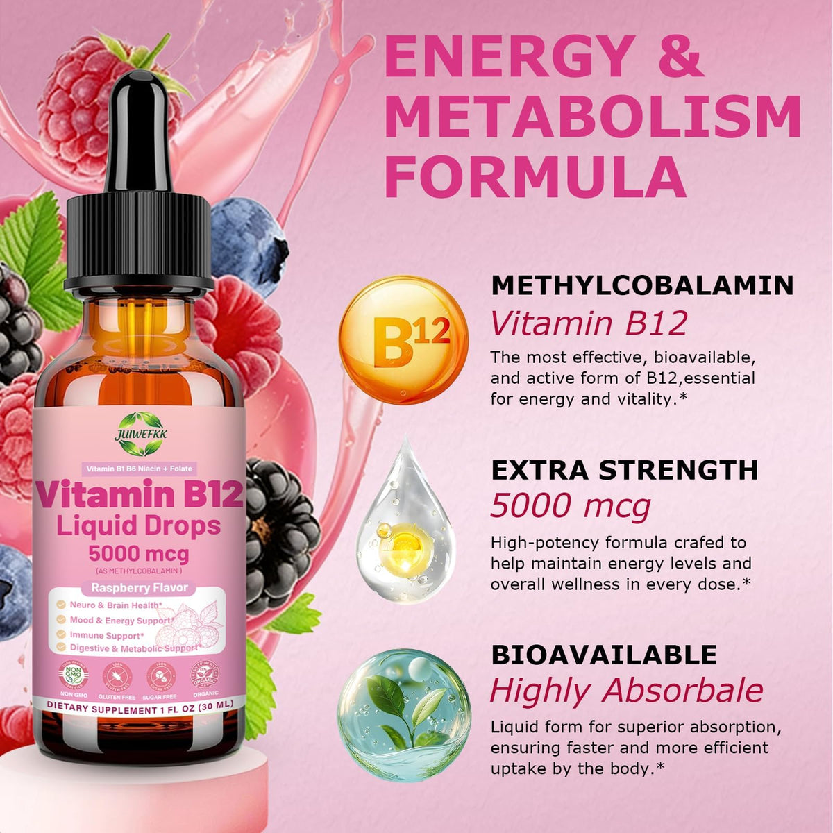 Flacon de B12 liquide JUIWEFKK avec étiquette et dosage