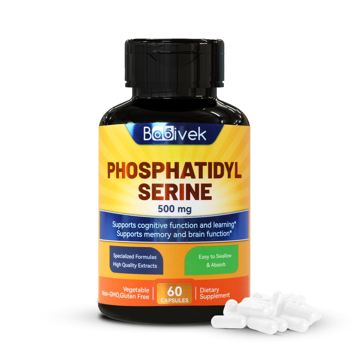 Flacon de Babivek Phosphatidylserine 500mg, 60 capsules, vue de face