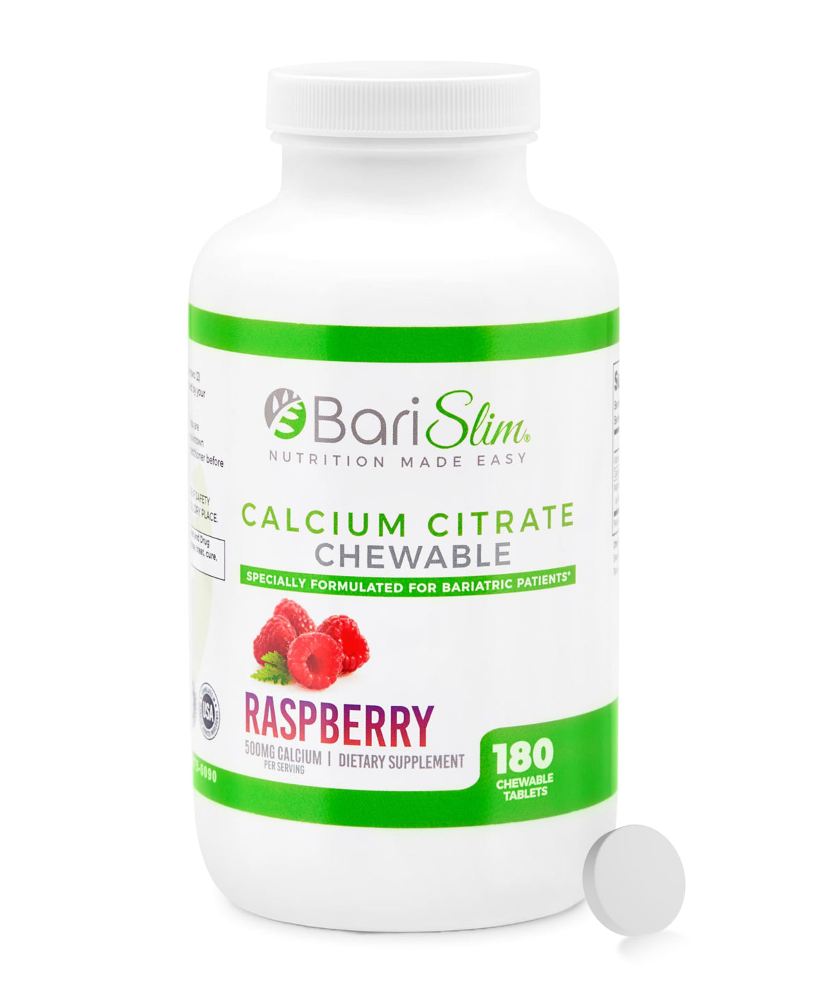 Flacon de BariSlim Calcium Citrate 500mg avec 180 comprimés à croquer au goût framboise