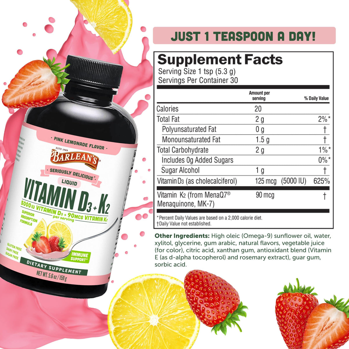 Flacon de Barlean's Vitamine D3 + K2 5,6 oz avec étiquette