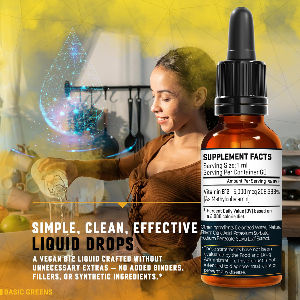 Flacon de BASIC GREENS gouttes de vitamine B12 avec pipette