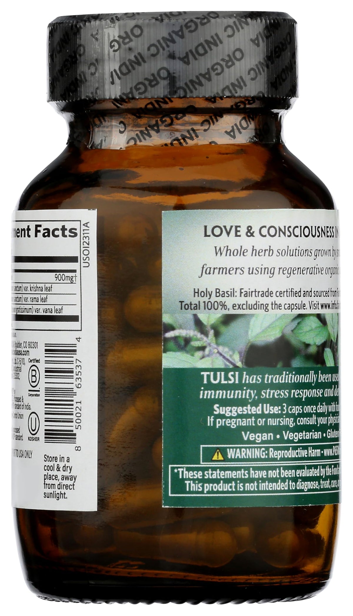 Flacon de Basilic Sacré Bio ORGANIC INDIA ouvert avec capsules