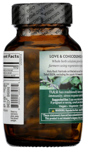Flacon de Basilic Sacré Bio ORGANIC INDIA ouvert avec capsules