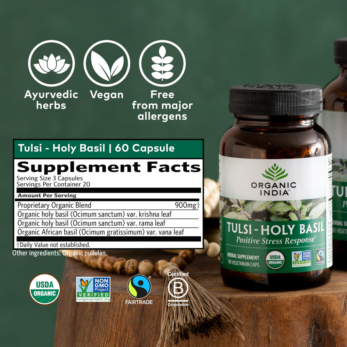 Flacon de Basilic Sacré Bio ORGANIC INDIA sur une table en bois