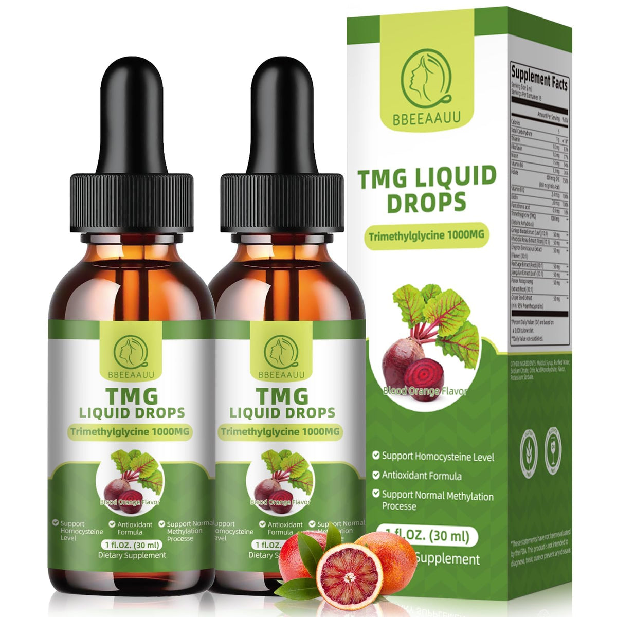 Flacon de BBEEAAUU TMG 1000MG liquide avec étiquette orange sanguine