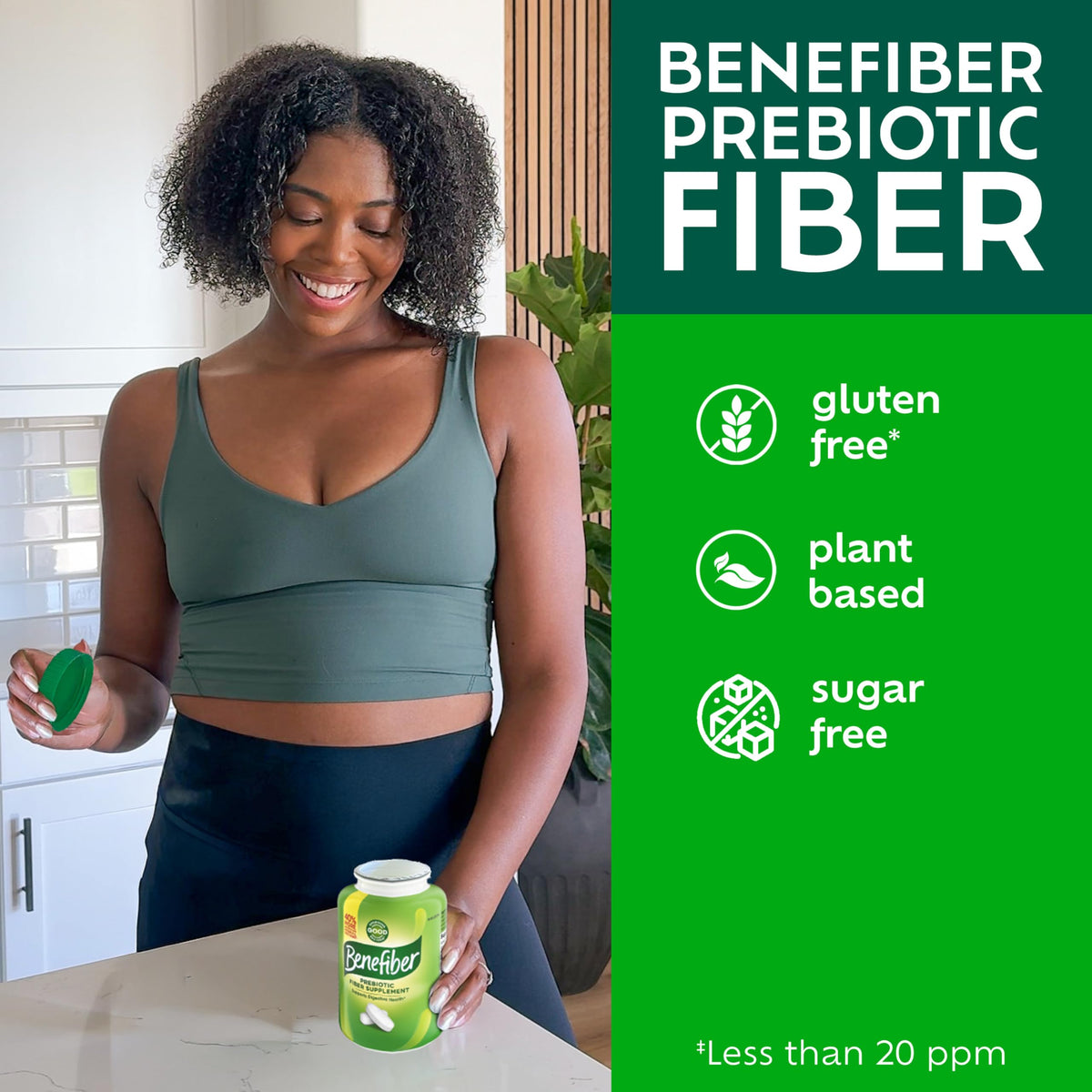 Flacon de Benefiber Prébiotiques ouvert avec caplets visibles