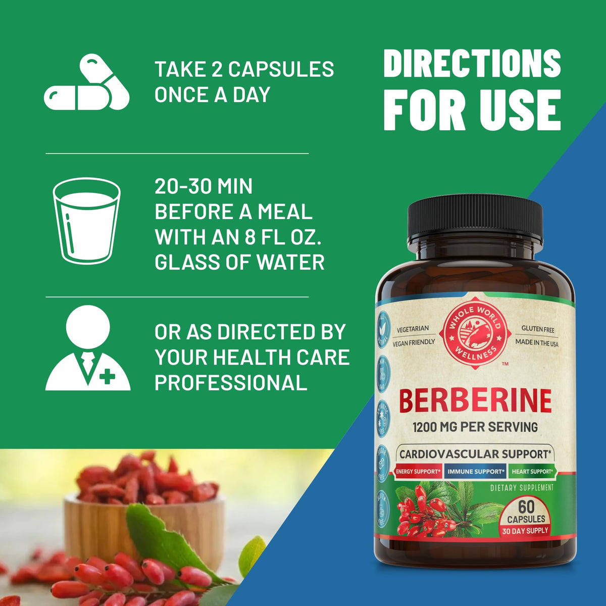 Flacon de berbérine 1200mg avec capsules à côté