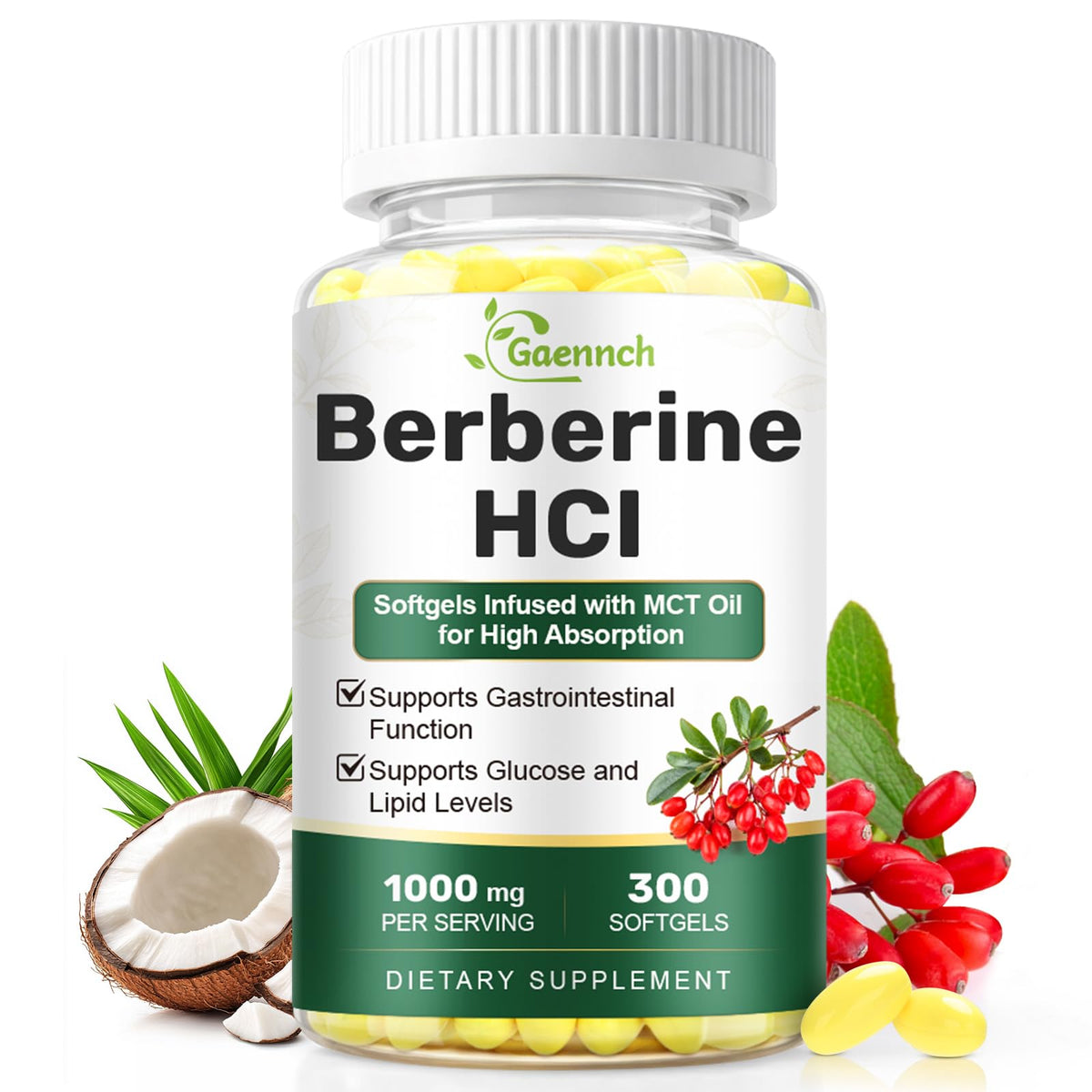 Flacon de Berberine HCl 1000mg 300 softgels avec huile MCT