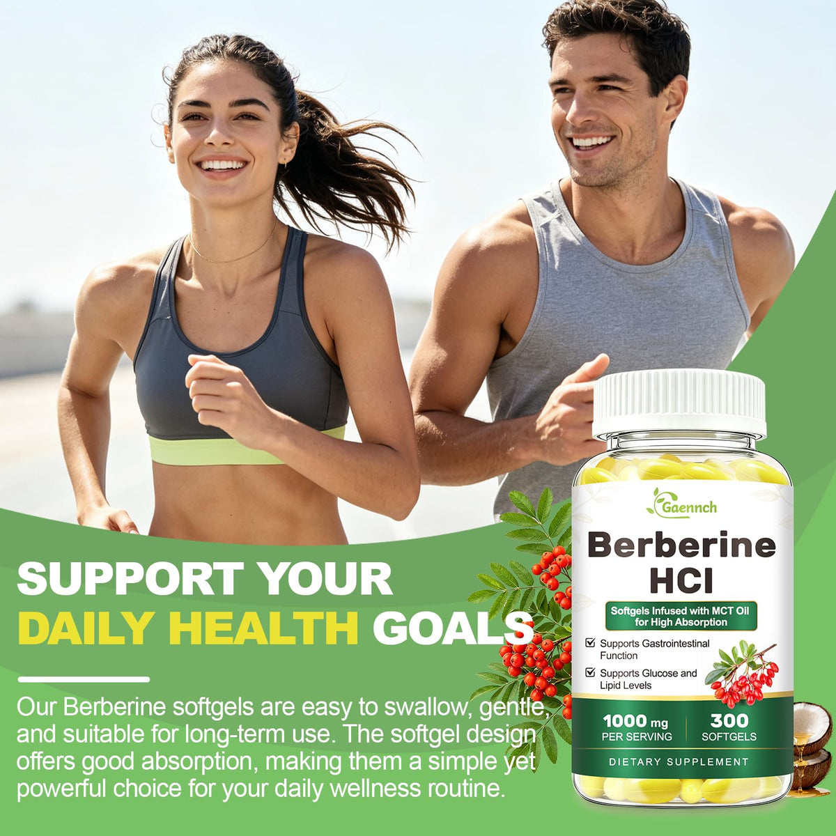 Flacon de Berberine HCl 1000mg ouvert avec softgels visibles