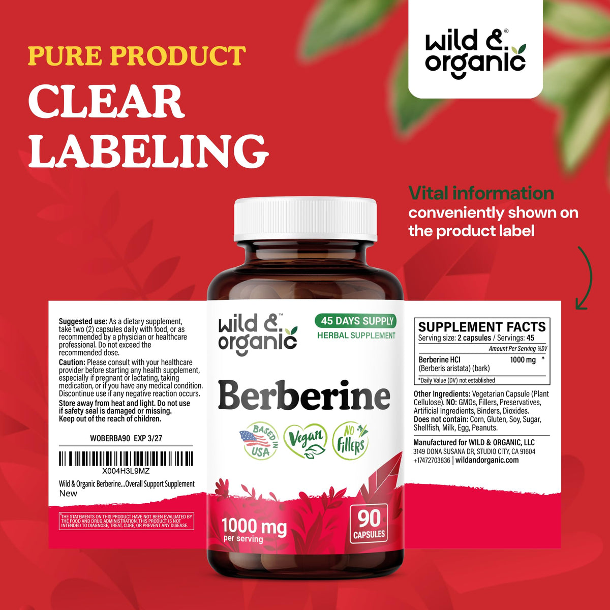 Flacon de berbérine Wild & Organic, dimensions et poids affichés