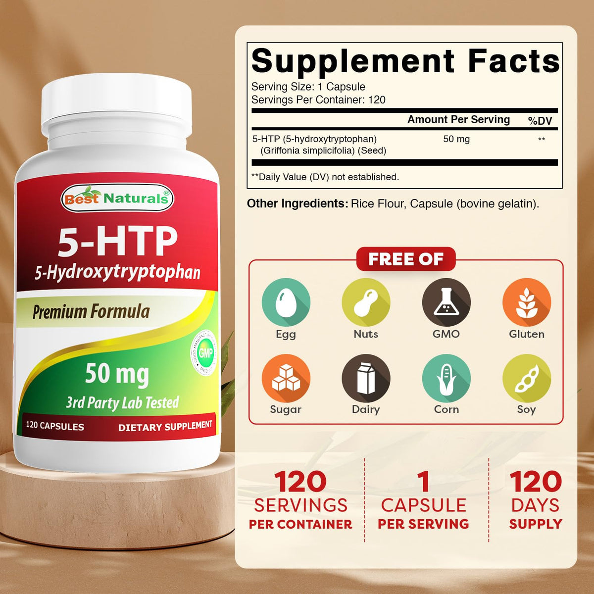 Flacon de Best Naturals 5-HTP 50 mg 120 capsules