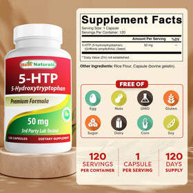 Flacon de Best Naturals 5-HTP 50 mg 120 capsules