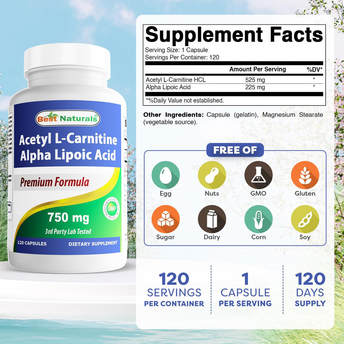 Flacon de Best Naturals Acetyl L-Carnitine 750 mg, étiquette détaillée