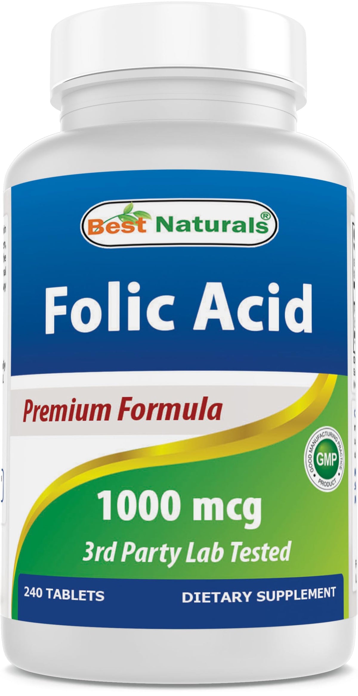 Flacon de Best Naturals Acide Folique 1000 mcg avec 240 comprimés