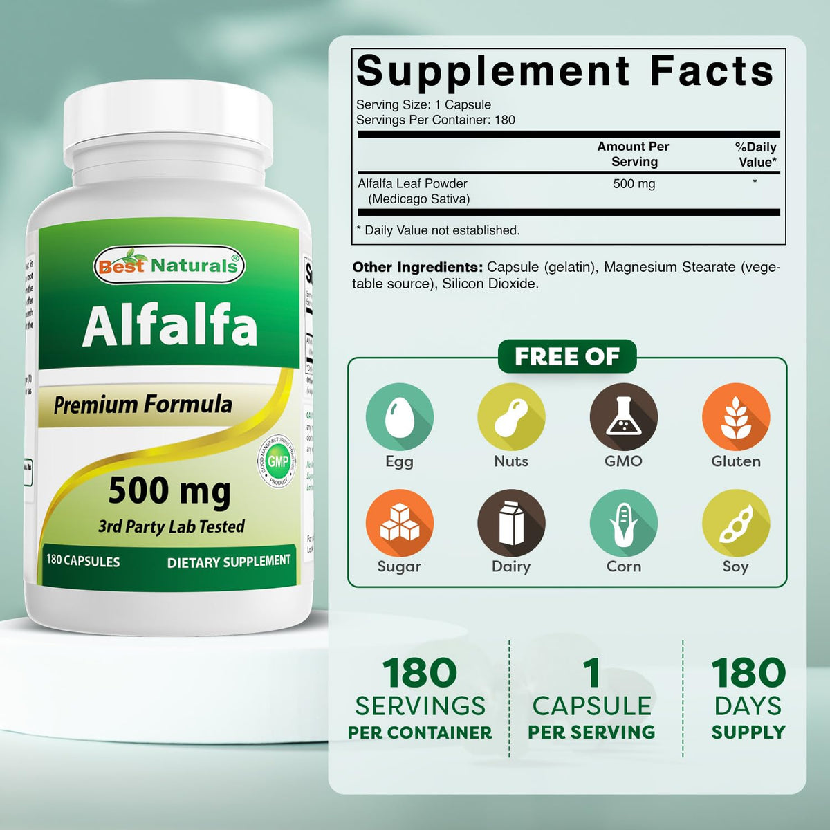 Flacon de Best Naturals Alfalfa 500 mg avec étiquette claire