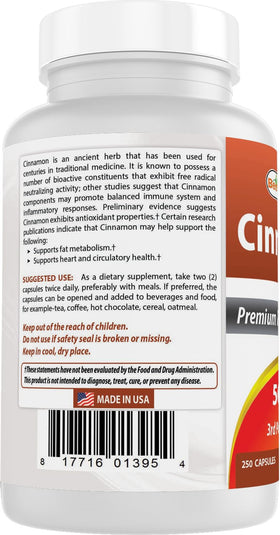 Flacon de Best Naturals avec capsules de cannelle et étiquette
