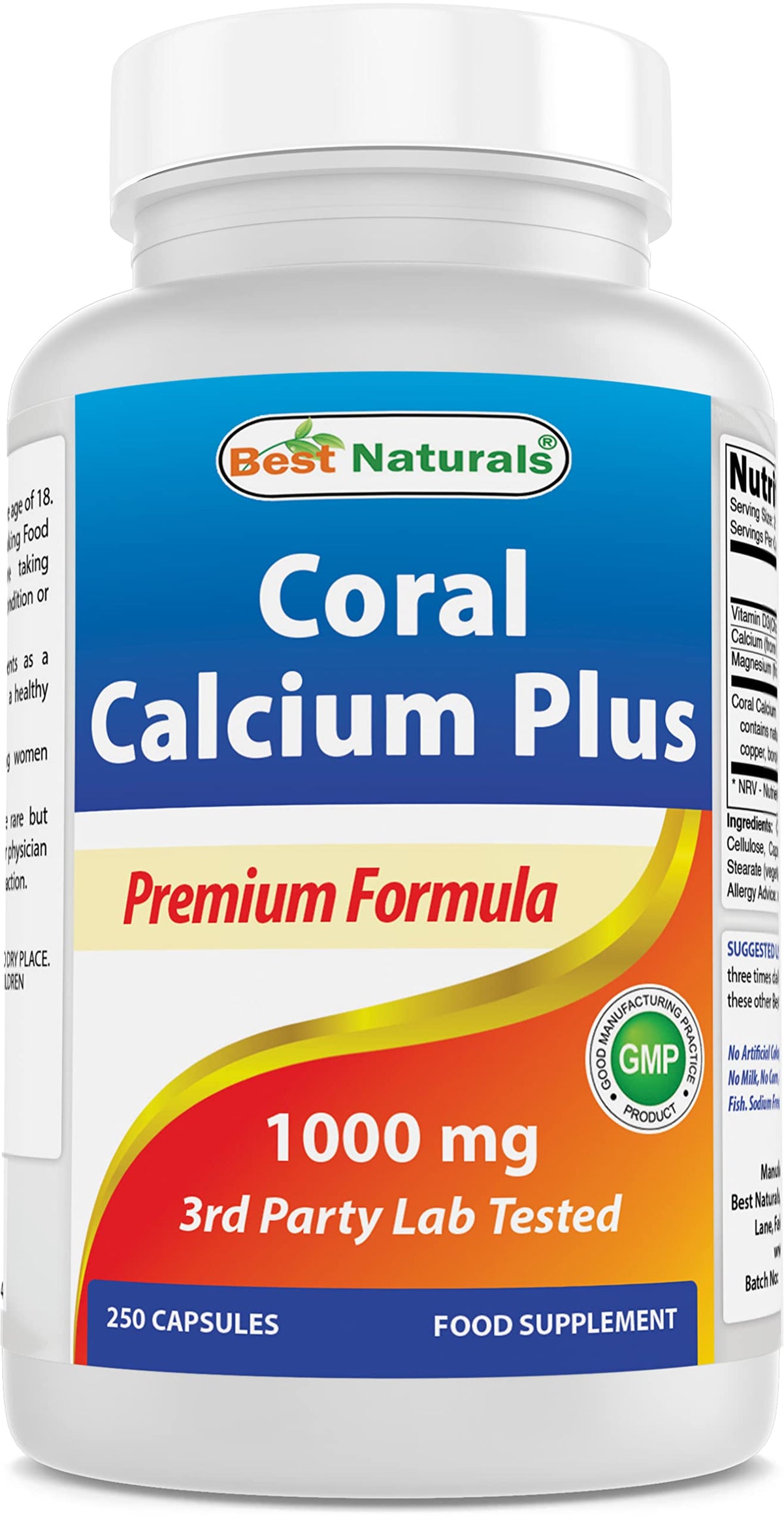 Flacon de Best Naturals Calcium Corail Plus 1000 mg 250 capsules vue de face