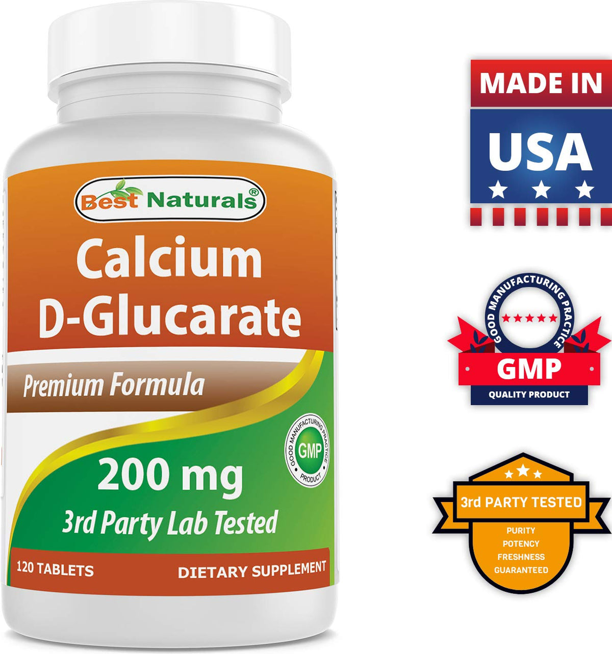Flacon de Best Naturals Calcium D-Glucarate avec des comprimés à côté