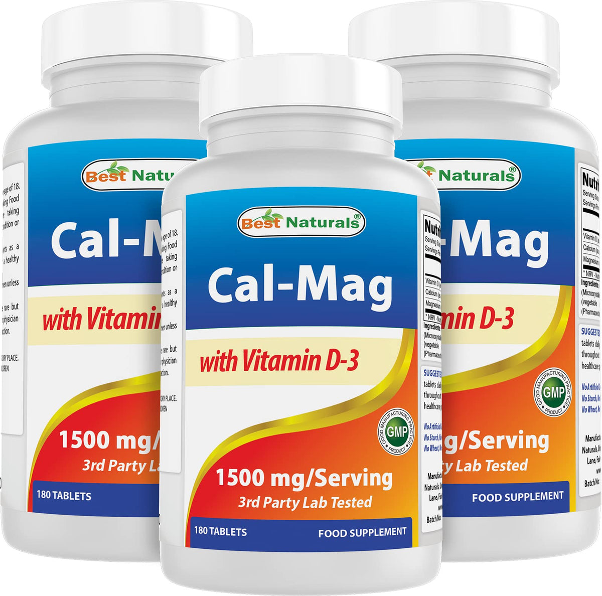 Flacon de Best Naturals Calcium Magnésium 1500 mg 180 comprimés vue de face