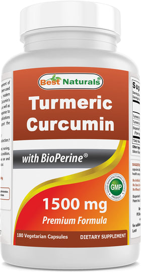 Flacon de Best Naturals Curcuma Curcumin 1500mg 180 capsules végétales avant