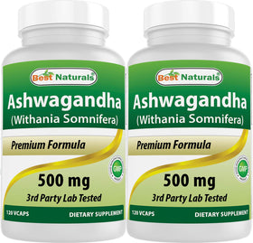 Flacon de Best Naturals Extrait d'Ashwagandha 500 mg 240 capsules végétariennes