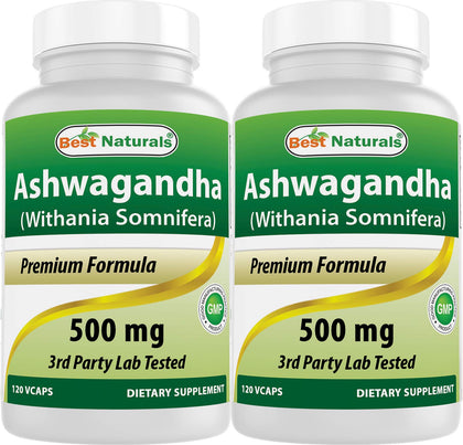 Flacon de Best Naturals Extrait d'Ashwagandha 500 mg 240 capsules végétariennes
