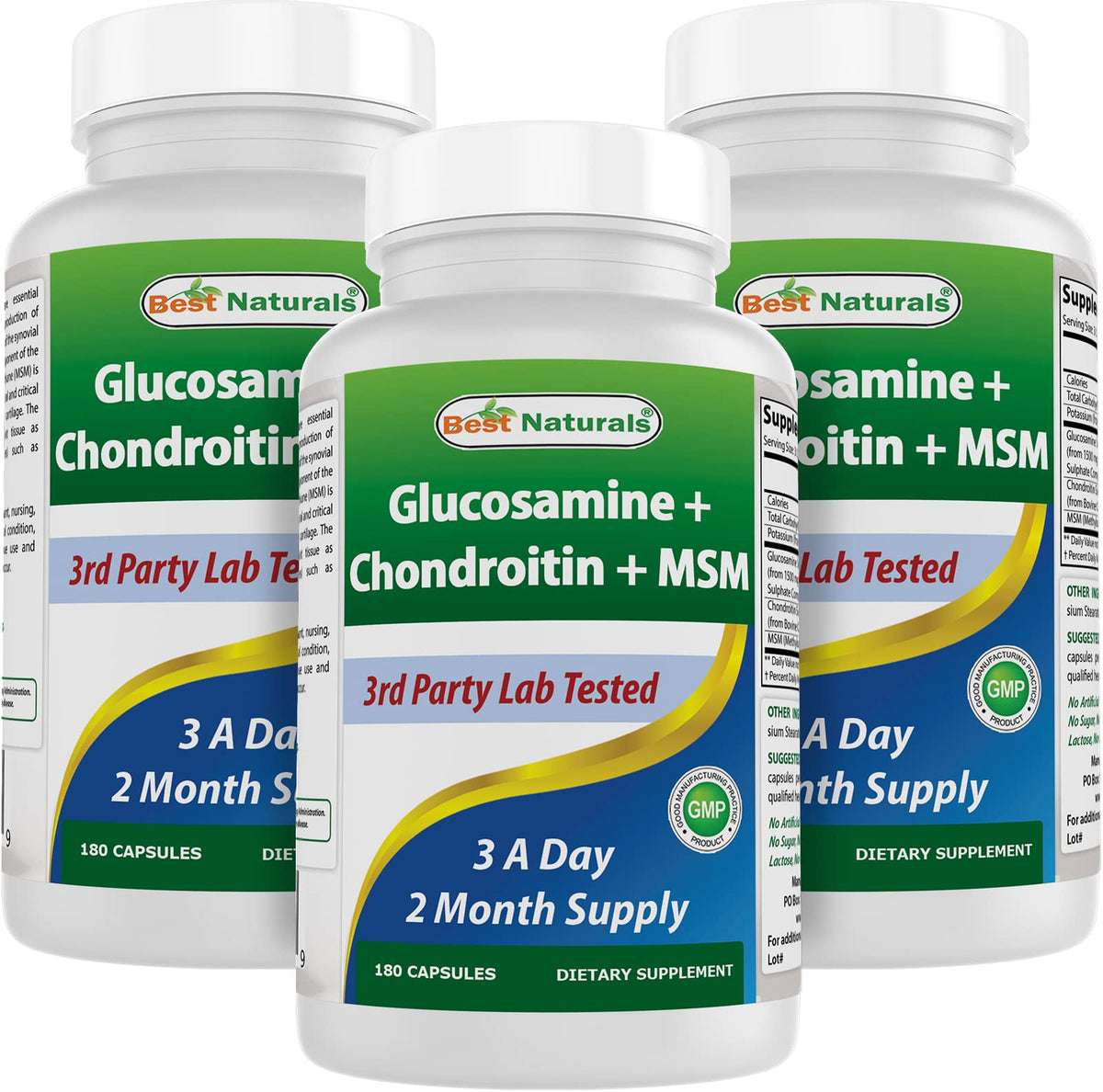 Flacon de Best Naturals Glucosamine Chondroïtine MSM 180 capsules vue de face
