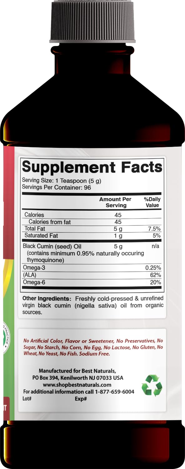 Flacon de Best Naturals Huile de Nigelle 480ml avec étiquette