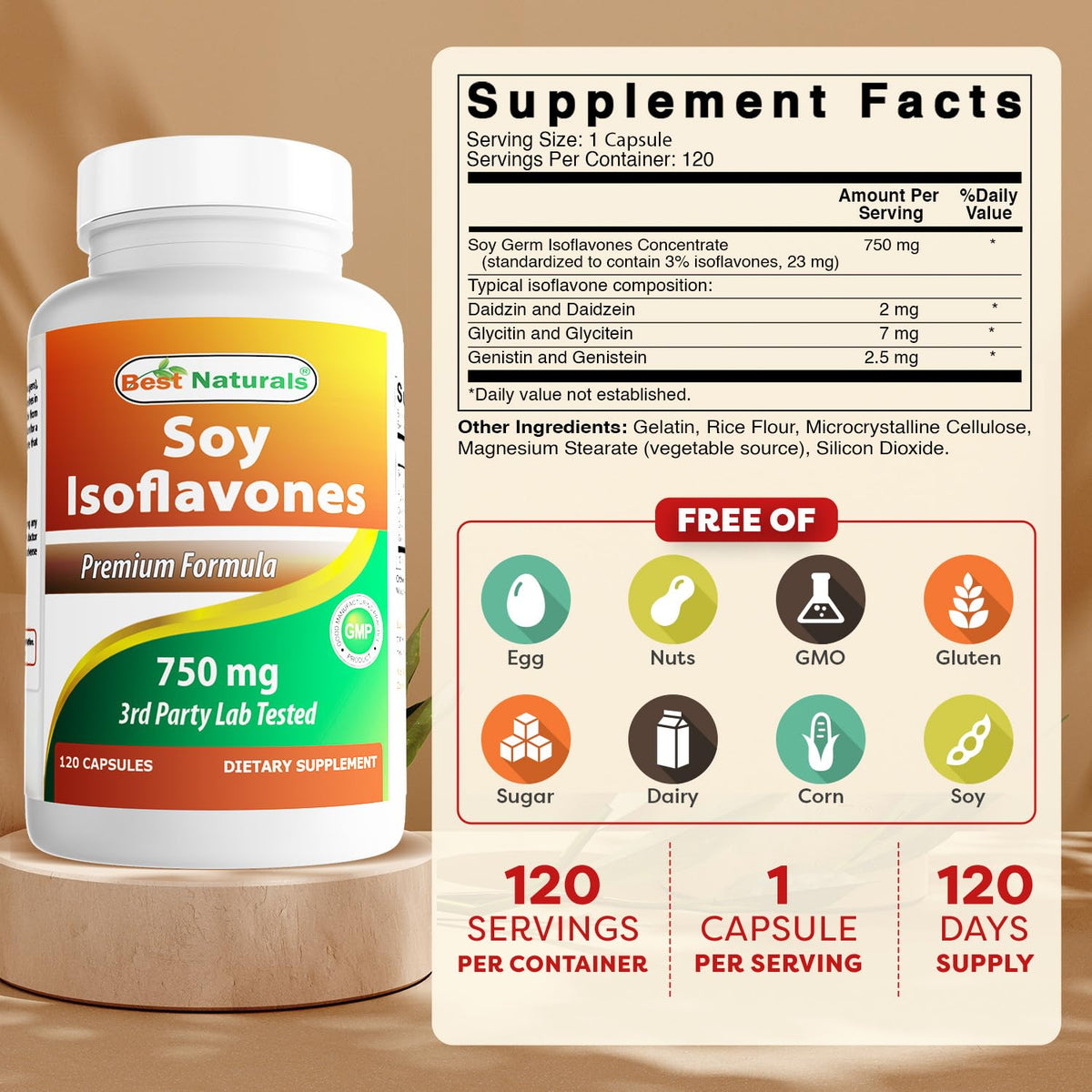 Flacon de Best Naturals Isoflavones de Soja 750 mg ouvert avec capsules