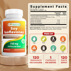 Flacon de Best Naturals Isoflavones de Soja 750 mg ouvert avec capsules