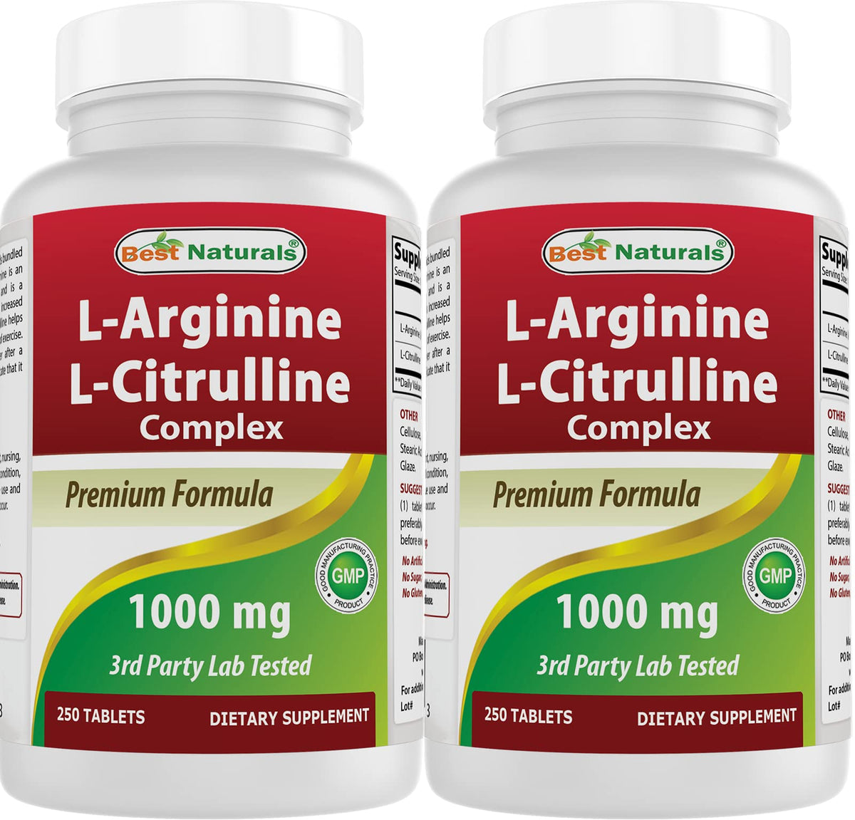 Flacon de Best Naturals L-Arginine L-Citrulline 1000 mg 250 comprimés