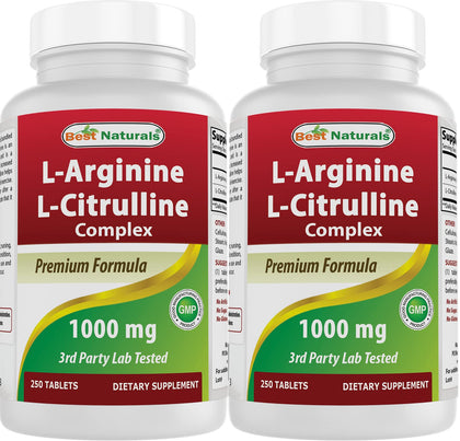 Flacon de Best Naturals L-Arginine L-Citrulline 1000 mg 250 comprimés