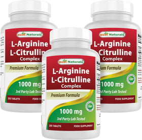 Flacon de Best Naturals L-Arginine L-Citrulline Complex 1000 mg 250 Tablettes