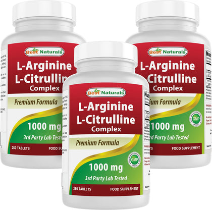 Flacon de Best Naturals L-Arginine L-Citrulline Complex 1000 mg 250 Tablettes
