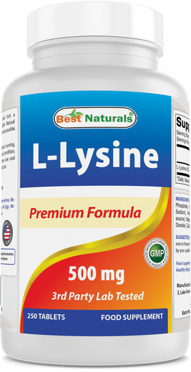 Flacon de Best Naturals L-Lysine 500 mg contenant 250 comprimés