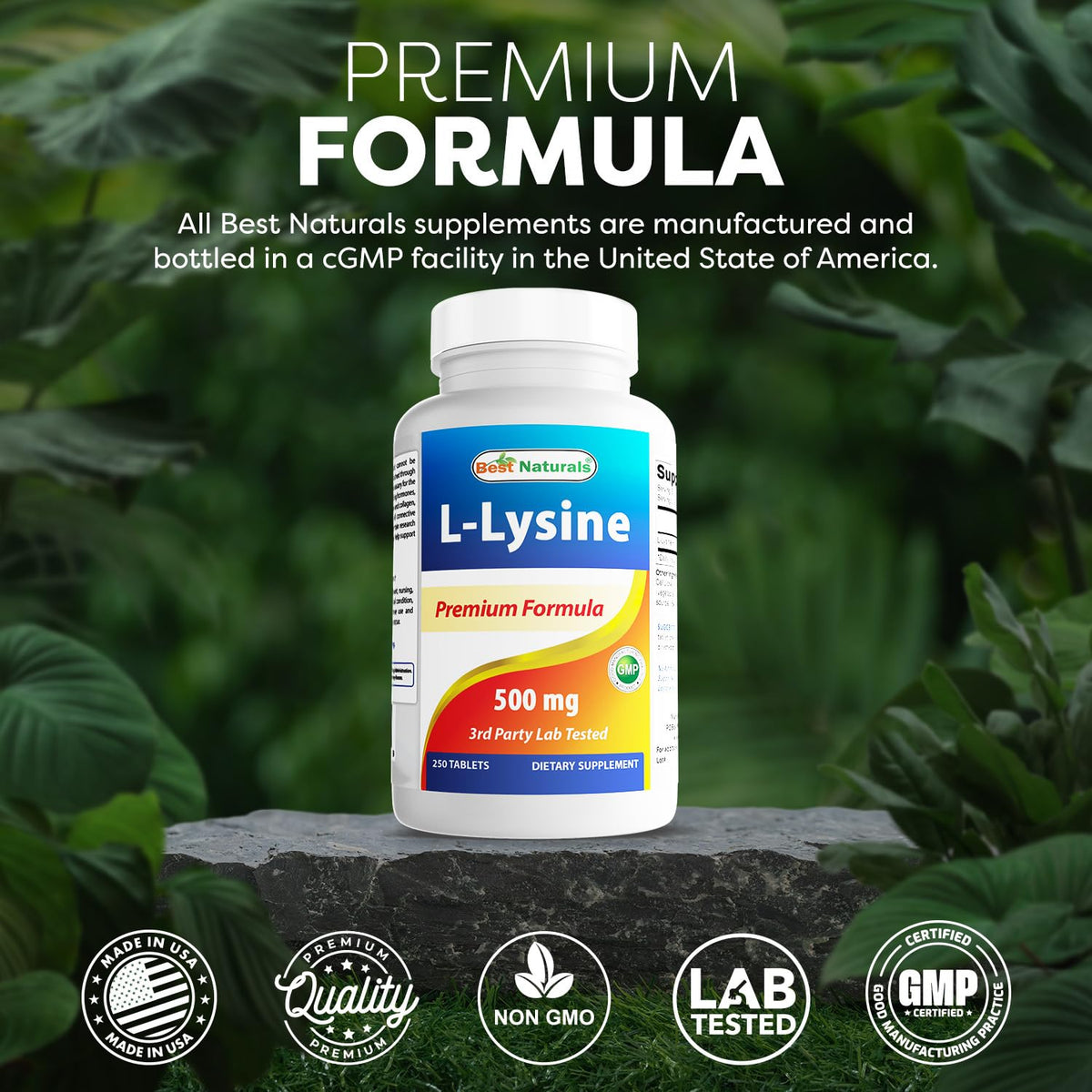 Flacon de Best Naturals L-Lysine sur une table avec des accessoires de santé