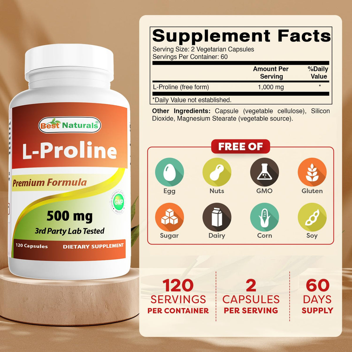 Flacon de Best Naturals L-Proline 500 mg avec étiquette visible