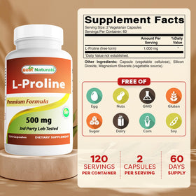 Flacon de Best Naturals L-Proline 500 mg avec étiquette visible