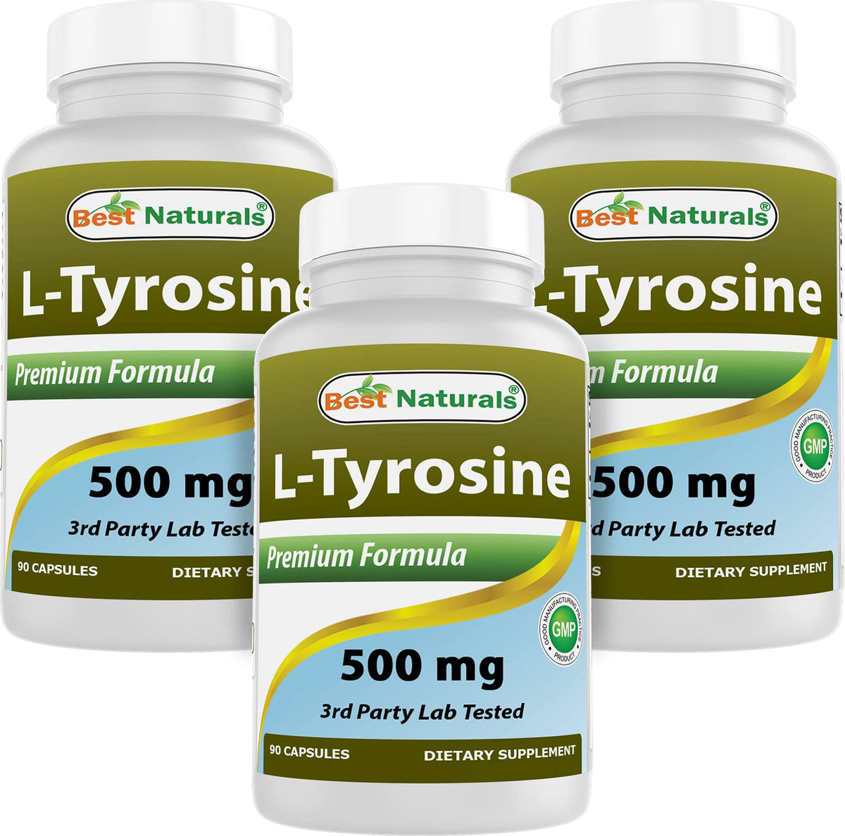 Flacon de Best Naturals L-Tyrosine 500 mg contenant 90 capsules